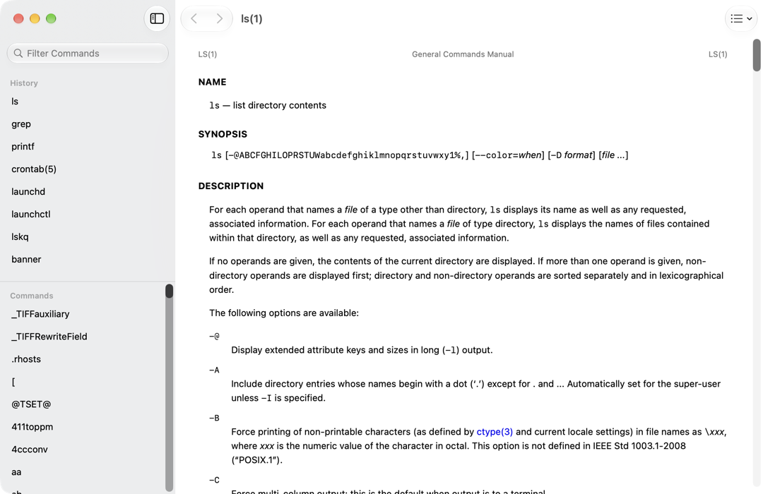 The main window: command list, filter, and the rendered page.